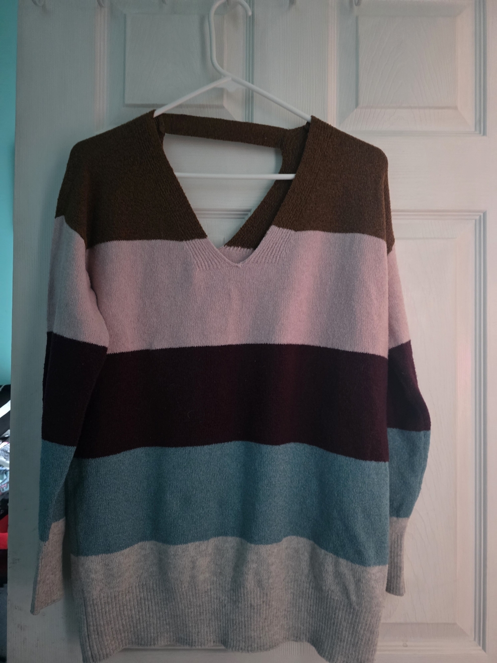 Maurices Striped V-Neck Sweater in Olive, Pink, Burgundy, Teal & Cream